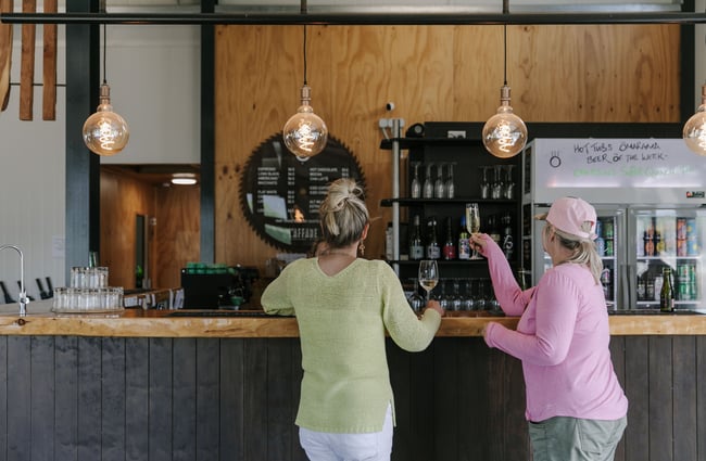 Two ladies standing at the bar having a glass of wine and talking.