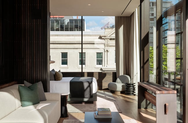 A view of a hotel room on a sunny day in Auckland.