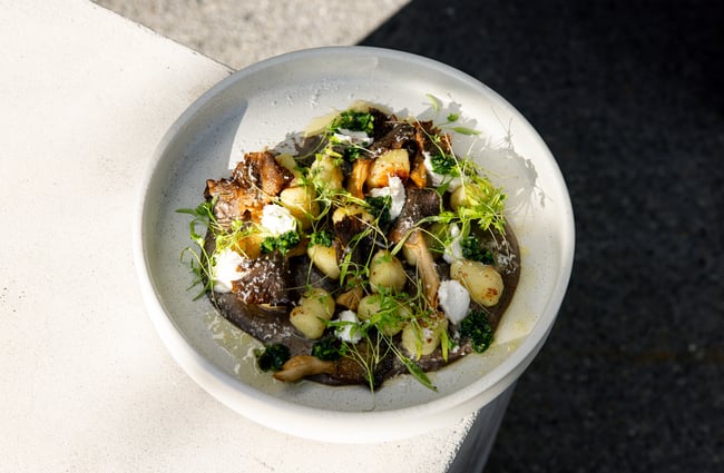 A close up of a plate of food on a table in the sunshine.