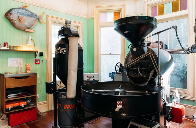 Coffee roaster in middle of room with large fish decoration on the wall