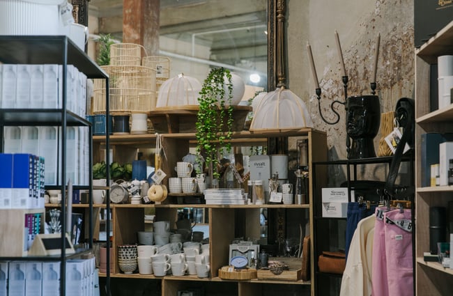 Homewares on display on shelves.