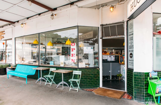 The retro exterior and entrance of Huckle and Co in Wellington.