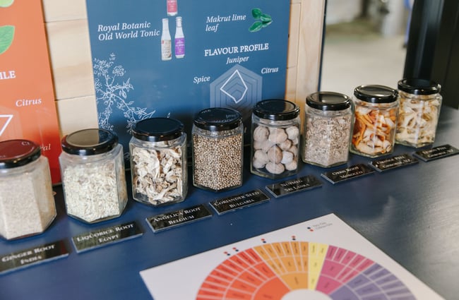Close up of gin ingredients in plastic bottles at Humdinger Gin Distillery in Geraldine.