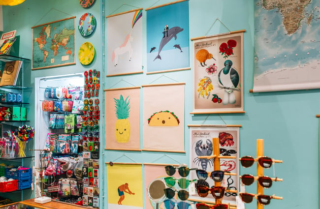Posters, knick knacks and sunglasses on display inside Iko Iko Cuba Street, Wellington shop.