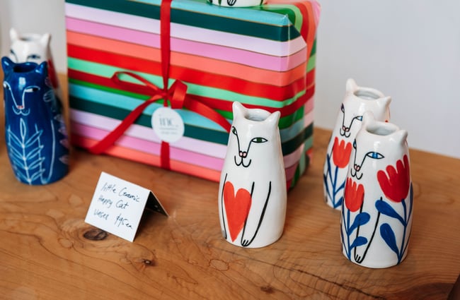 Close up of cat ceramic vases at Inc. Design store in Ōamaru