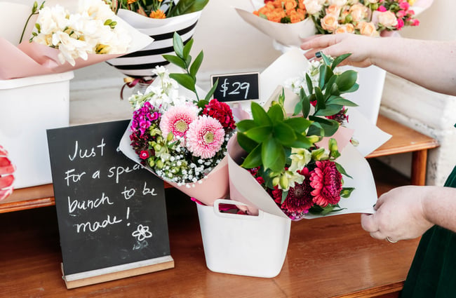 Close up of bouquets of flowers at Inc. Design store in Ōamaru