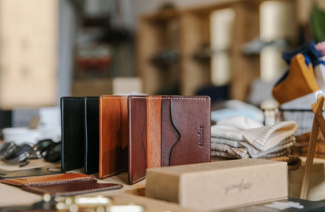 Close up of leather wallets for sale at Indigo & Provisions, Christchurch.