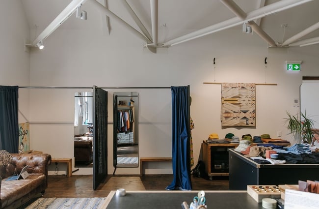 View of the changing rooms at Indigo & Provisions, Christchurch.