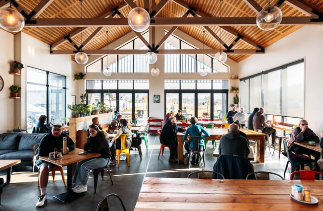 The large sunny interior of Industry Lane Cafe Alexandra Central Otago.