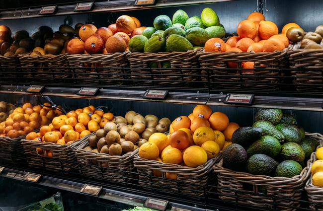 Shelf of fruit baskets line the wall in the shop at Jackson Orchards.