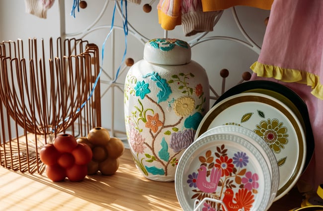Vintage homewares on display in a retail store.