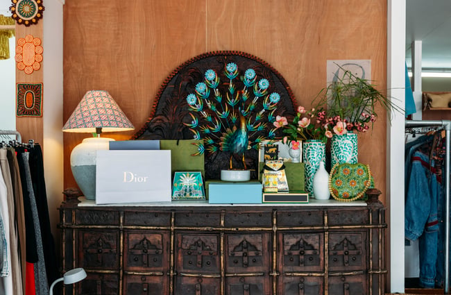 Vintage wares on top of an old cabinet.