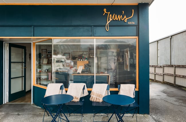The dark blue and orange frontage of Jean's in Upper Hutt.