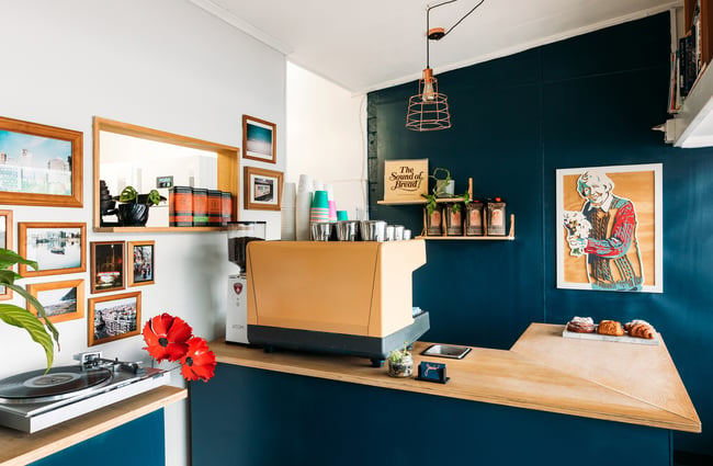 A view of the inside a tiny cafe.