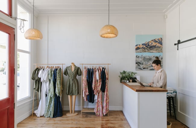 Clothes on display inside In Good Company Kurow.