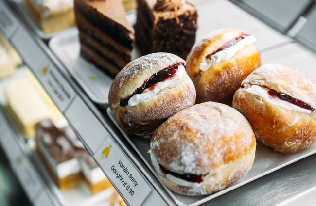 A close up of some of the sweet treats in the cabinet at Kōwhai Eatery.