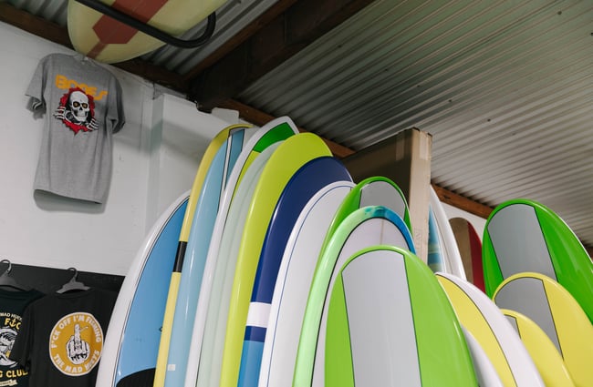 View of surfboards for sale at Kaikōura Surf Company.
