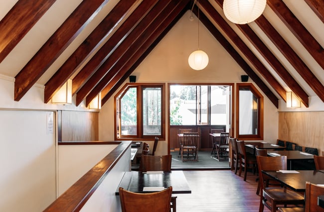 The inside of an A-frame building.