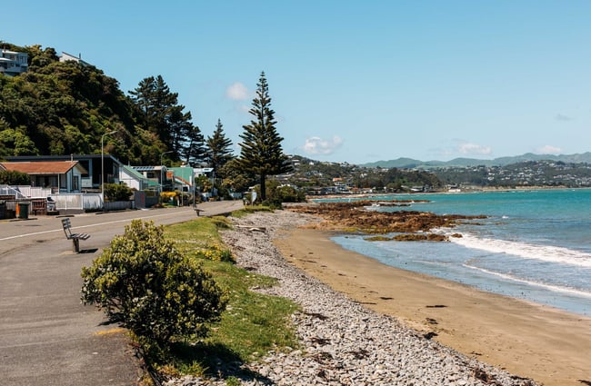 Looking across the sand covered bay where there are tree covered hills next to the beach.