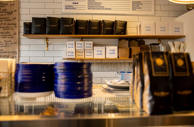 A view of the shelves behind the counter at Kepa Road Cafe.
