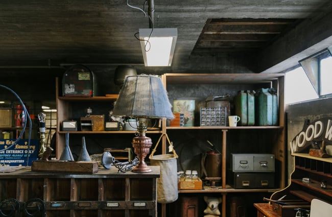 Lamp and other vintage artefacts on display at La Voute, Christchurch.