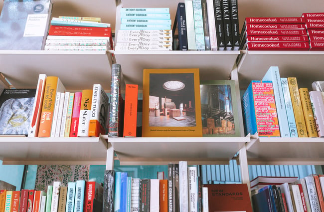 Close up of books neatly arranged on shelves at Lamplight Books, Auckland.