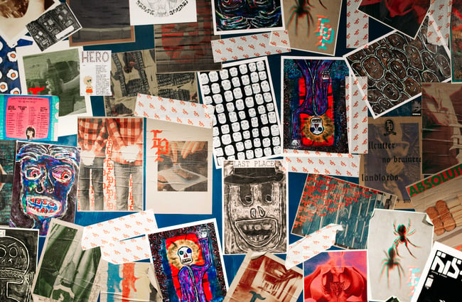 A close up of illustrated postcards on a wall at Last Place Bar.