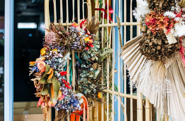 Close up of dried flower wreath from Le Fleur.