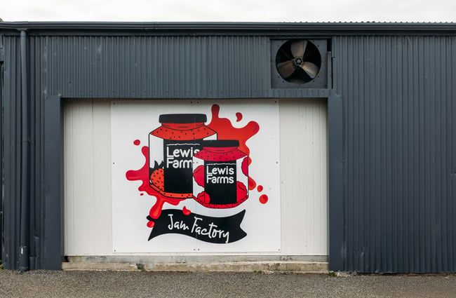 Jam factory signage on the door at Lewis Farms.
