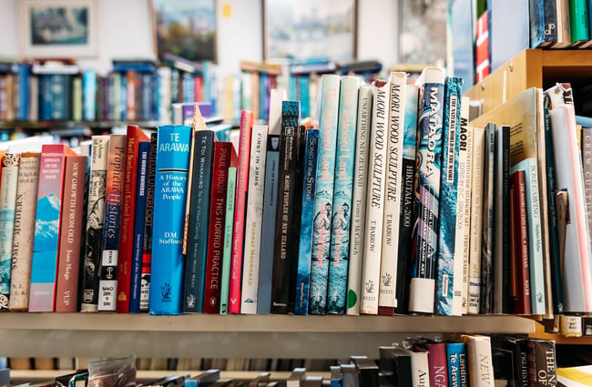 Close up of a shelf of books at Liberty Books.