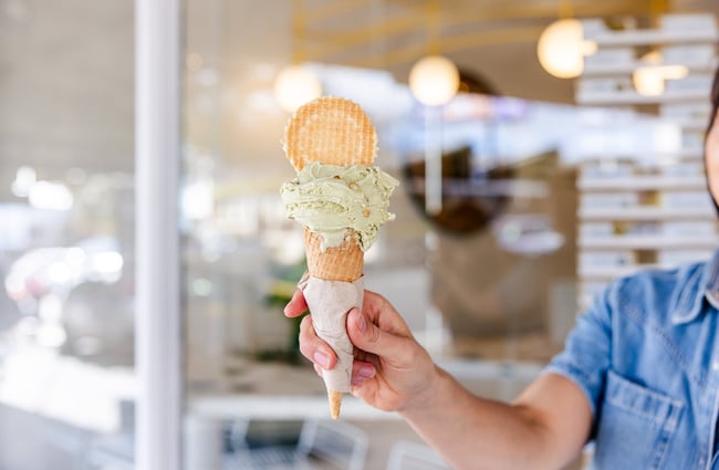 A close up of gelato in a cone.