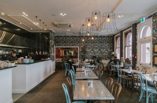 The bright interior of Little Pom's café, Christchurch.