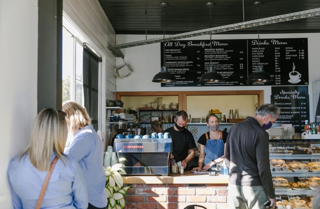 Customers queuing to order at the counter at Little Vintage Espresso in Amberley.