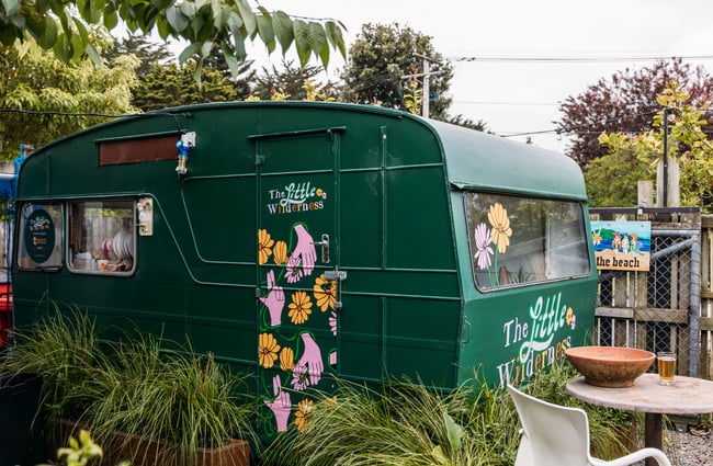 A green caravan sitting in a vegetable garden.