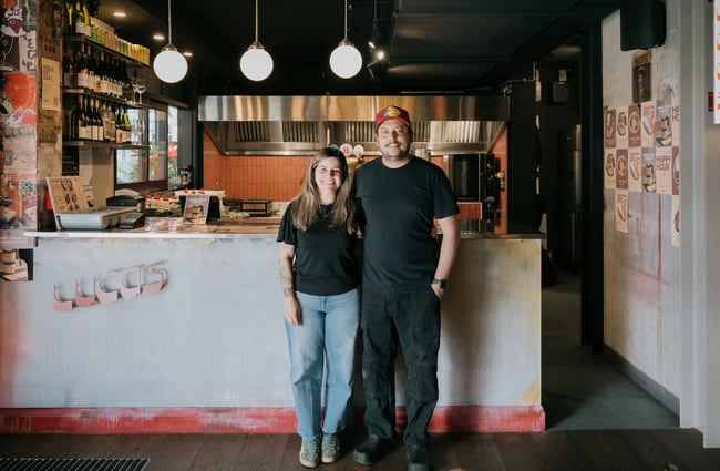 Portrait of owners Alvaro and Andrea at Lucas Shawarma at Little High Eatery in Christchurch