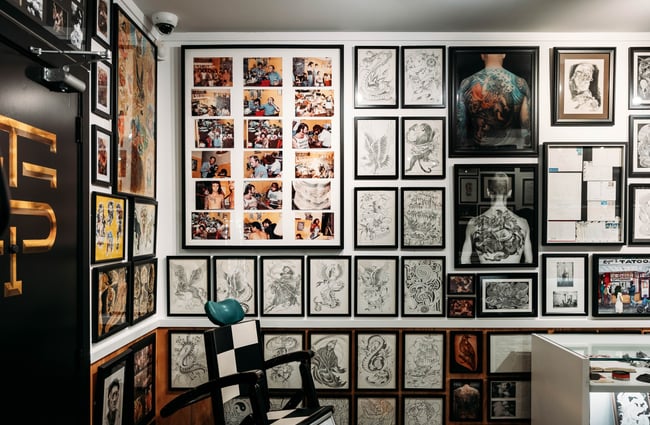 Tattoo designs on display at Lucky's Tattoo Museum.