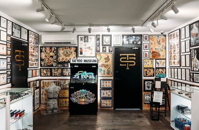 Tattoo designs line the walls at Lucky's Tattoo Museum.