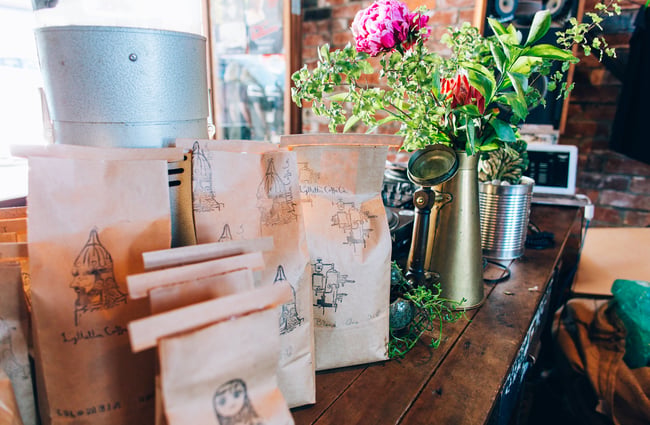 Close up of bags of coffee beans at Lyttelton Coffee Company cafe.