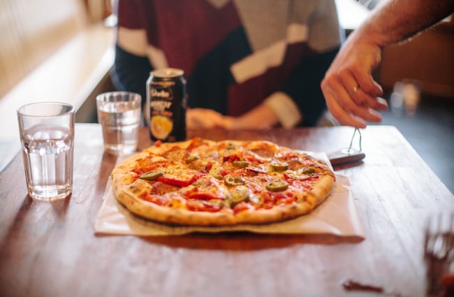 Pizza on a table at Mamma Mia.