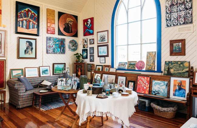 Works of art inside Mangaweka Gallery in Rangitikei.