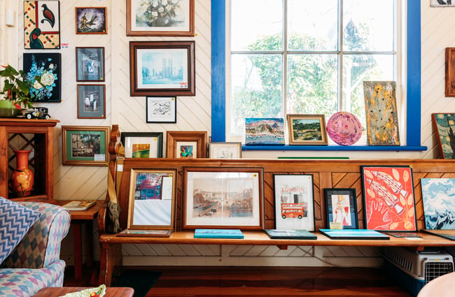 Art on a church pew inside Mangaweka Gallery in Rangitikei.