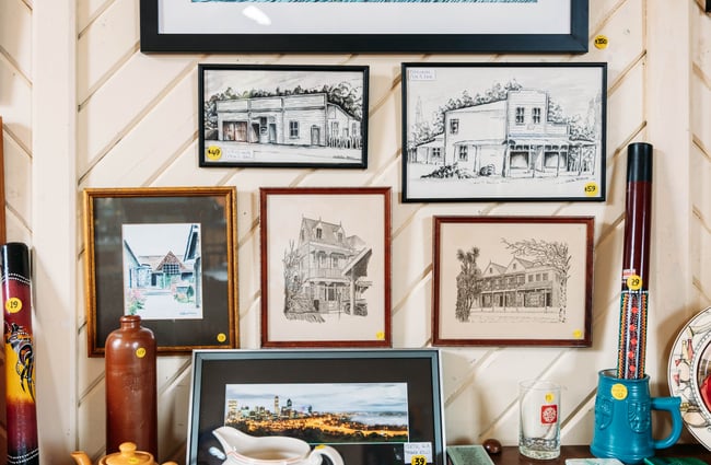 Framed sketches on a wall at Mangaweka Gallery in Rangitikei.