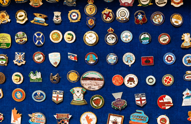 A close up of little badges.
