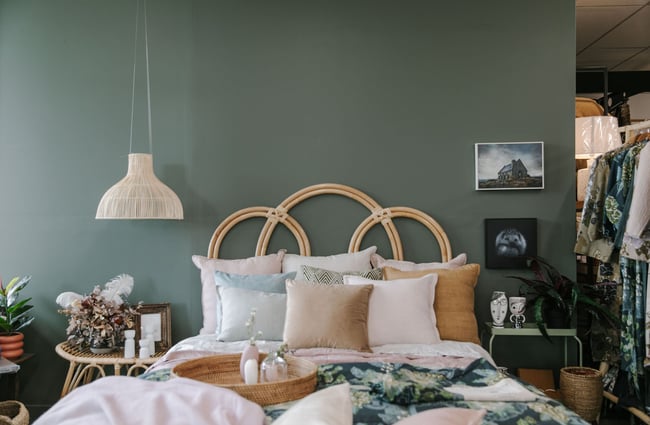 A bed made of linens and cushions at Matilda and The Metalman, Fairlie.