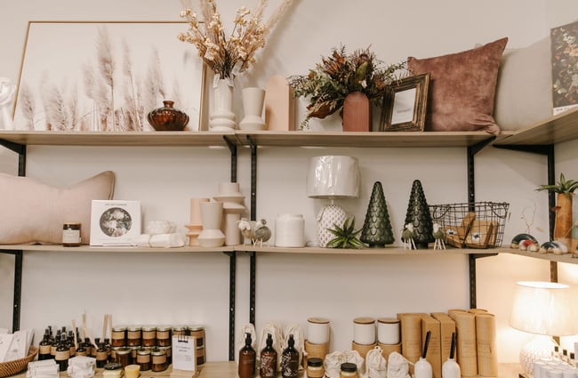 Homewares on a shelves at Matilda and The Metalman, Fairlie.