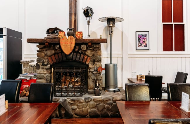 Fireplace setting at Mayfair Cafe.