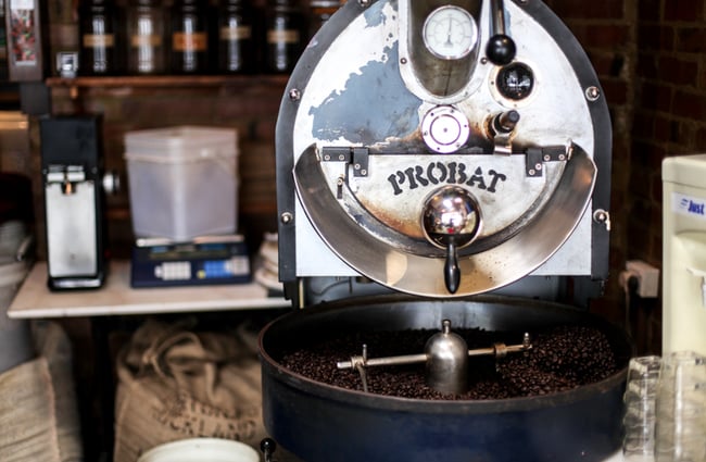 Silver metal coffee roaster in Mazagran Espresso Bar,