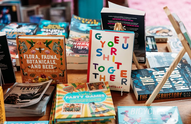 Close up on a book display at Mewington's Book Shoppe.