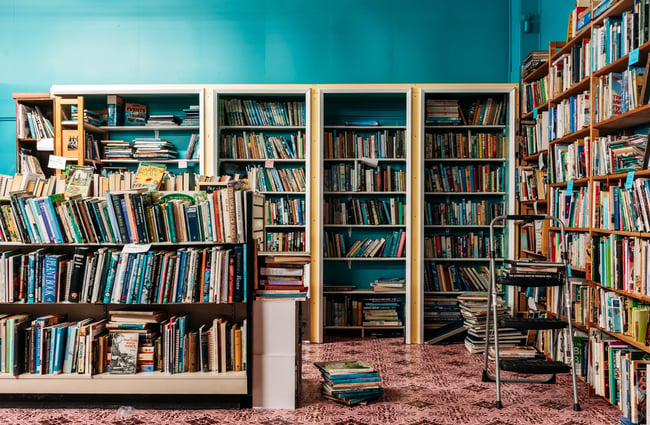 Multiple rows of bookshelves at Mewington's Book Shoppe.