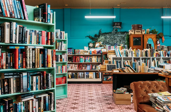 Rows of bookshelves at Mewington's Book Shoppe.